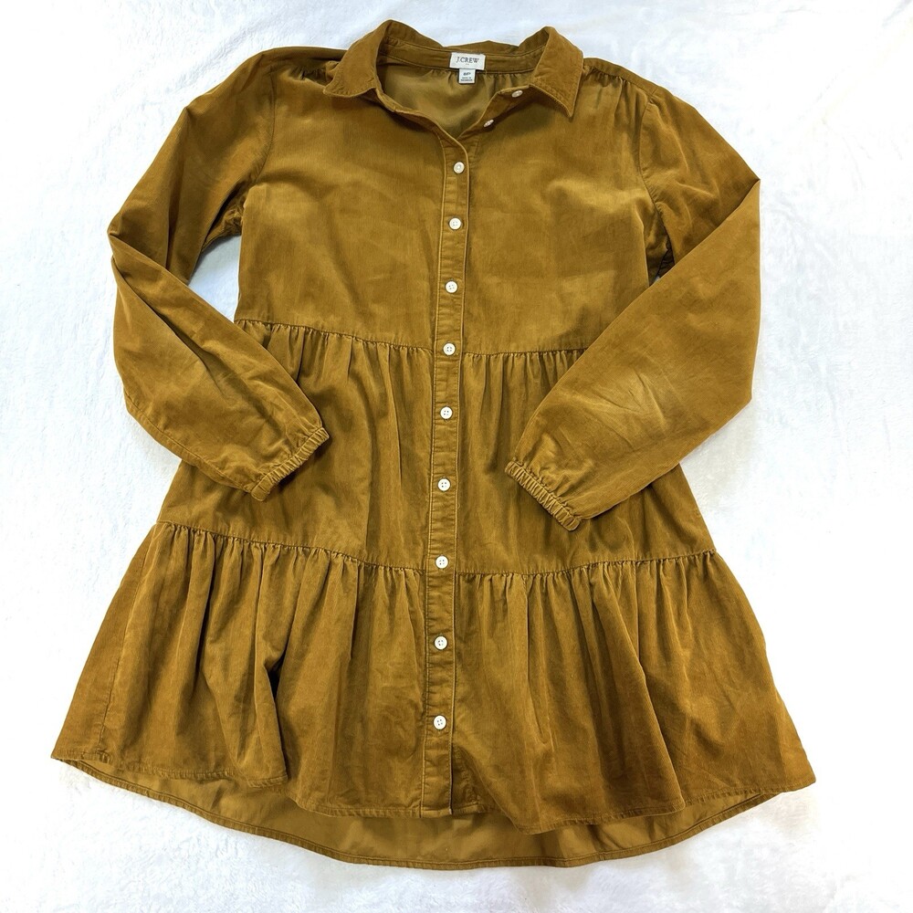 J.Crew Tiered Corduroy Mini Shirt Dress 8P Mustard Gold Pure Cotton Cottagecore